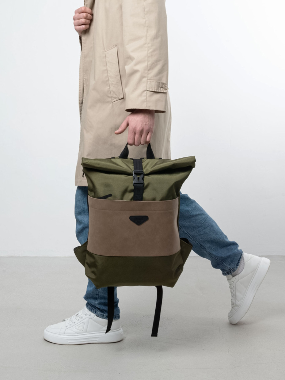 Рюкзак ROLLTOP POCKET 2 | хакі - екошкіра коричнева матова 1/24