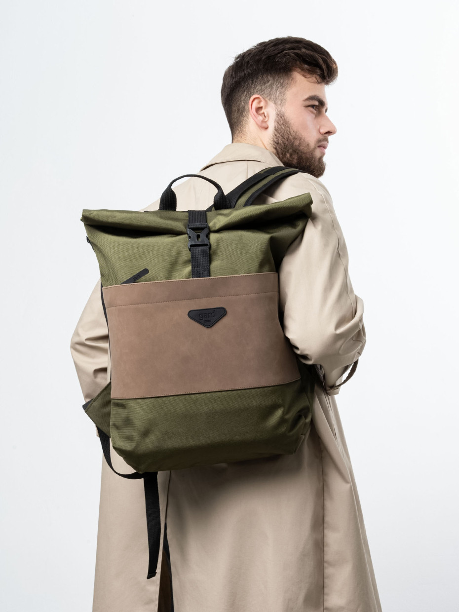 Рюкзак ROLLTOP POCKET 2 | хакі - екошкіра коричнева матова 1/24
