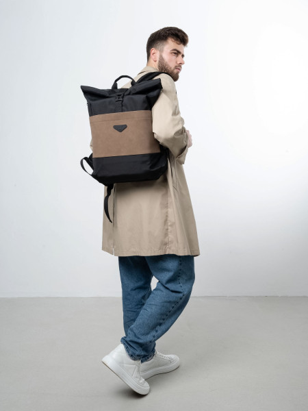 Рюкзак ROLLTOP POCKET 2 | чорний - екошкіра коричнева матова 1/24 фото 5