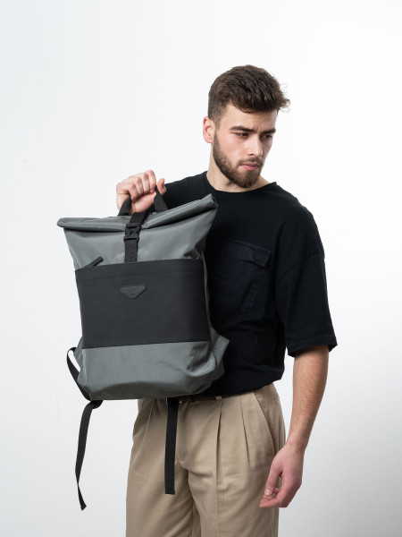 Рюкзак ROLLTOP POCKET 2 | сірий - екошкіра чорна матова 1/24 фото 6