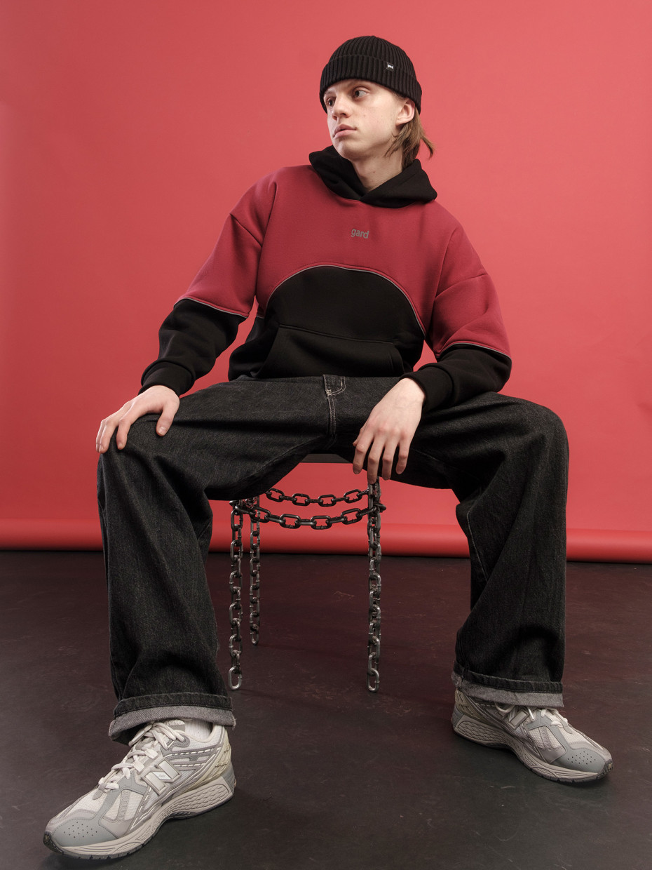 Худи oversize fleece WAVE | черный-бордовый 4/24