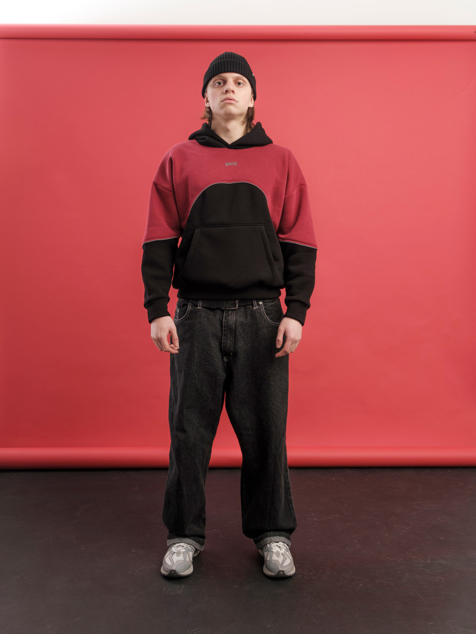 Худи oversize fleece WAVE | черный-бордовый 4/24